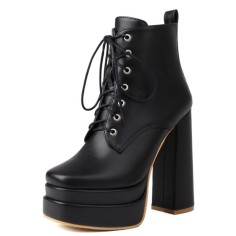 Round Toe Lace Up Side Zipper Ankle Highs Chunky Heels Punk Gothic Platforms Boots - Black