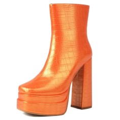 Round Toe Lace Up Side Zipper Ankle Highs Chunky Heels Crocodile Pattern Platforms Boots - Orange