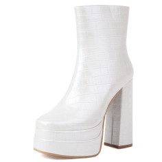 Round Toe Lace Up Side Zipper Ankle Highs Chunky Heels Crocodile Pattern Platforms Boots - White