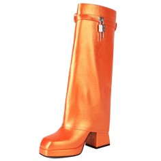 Square Toe Chunky Heels Turned over Edge Lock Decorated Straps Low Platforms Boots - Orange