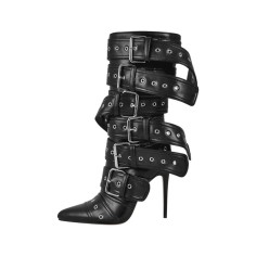 Pointed Toe Stiletto Heels Belt Buckle Straps Side Zipper Ankle Highs Punk Boots - Black