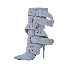 Pointed Toe Stiletto Heels Belt Buckle Straps Side Zipper Ankle Highs Punk Boots - Light Blue