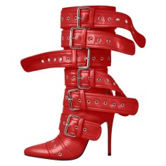 Pointed Toe Stiletto Heels Belt Buckle Straps Side Zipper Ankle Highs Punk Boots - Red Faux Leather
