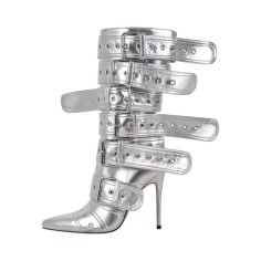 Pointed Toe Stiletto Heels Belt Buckle Straps Side Zipper Ankle Highs Punk Boots - Silver