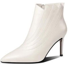 Pointed Toe Stiletto Heels Genuine Leather Side Zipper Ankle High Boots - White