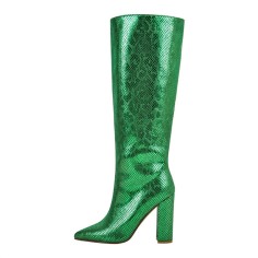 Pointed Toe Chunky Heels Knee Highs Snake Print Boots - Green