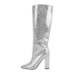 Pointed Toe Chunky Heels Knee Highs Snake Print Boots - Silver