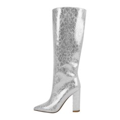 Pointed Toe Chunky Heels Knee Highs Snake Print Boots - Silver