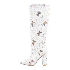 Pointed Toe Chunky Heels Knee Highs Butterfly Mariposa Glitters Boots - White