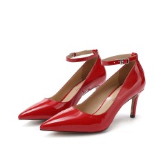Pointed Toe Ankle Buckle Straps Stiletto Heels Classic Pumps - Red Patent