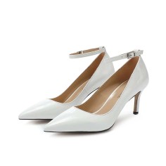 Pointed Toe Ankle Buckle Straps Stiletto Heels Classic Pumps - White Patent