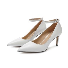 Pointed Toe Ankle Buckle Straps Stiletto Heels Classic Pumps - White Leather