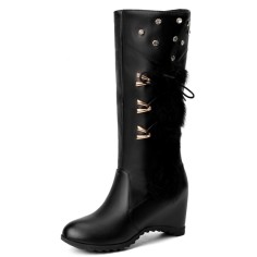 Round Toe Side Zipper Knee Highs Side Decorated Rhinestones Winter Snow Wedges Boots - Black