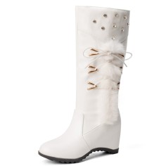 Round Toe Side Zipper Knee Highs Side Decorated Rhinestones Winter Snow Wedges Boots - White