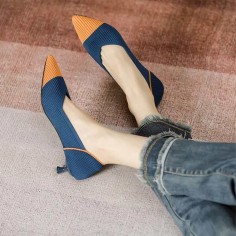 Pointed Toe Kitten Heels Cotton Fabric Summer Pumps Sandals - Blue