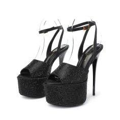 Peep Toe Platforms Stiletto Heels Water Diamond Glitters Ankle Buckle Straps Sandals - Black Leather