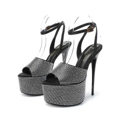Peep Toe Platforms Stiletto Heels Water Diamond Glitters Ankle Buckle Straps Sandals - Gray Leather