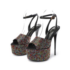 Peep Toe Platforms Stiletto Heels Water Diamond Glitters Ankle Buckle Straps Sandals - Multicolor Leather