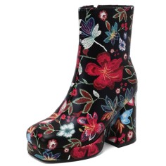 Square Toe Chunky Heels Side Zipper Ankle Highs Flowers Low Platforms Boots - Black