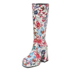 Square Toe Chunky Heels Side Zipper Knee Highs Flowers Low Platforms Boots - Blue