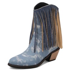 Pointed Toe Chunky Heels Mid Calf Ankle Highs Fringe Denim Cowboy Boots - Light Blue