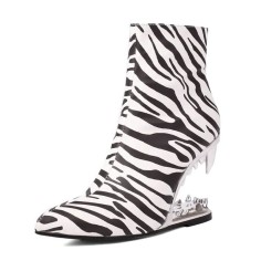 Pointed Toe Strange Tooth Heels Ankle Highs Zebra Booties - White