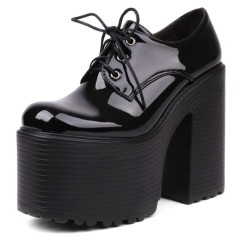 Round Toe Chunky Heels Platforms Gothic Punk Lace Up Loafers Pumps - Black