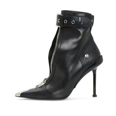 Metal Point Toe Dot Heels Rhinestones Ankle Highs Punk Gothic Ankle Buckle Straps Boots - Black