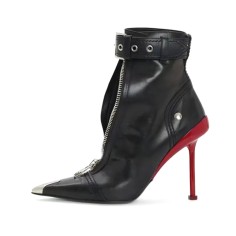 Metal Point Toe Dot Heels Rhinestones Ankle Highs Punk Gothic Ankle Buckle Straps Boots - Black Red