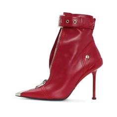 Metal Point Toe Dot Heels Rhinestones Ankle Highs Punk Gothic Ankle Buckle Straps Boots - Red
