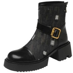 Round Toe Chunky Heels Denim Side Zipper Ankle High Boots - Black