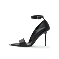 Pointed Open Toe Stiletto Heels Ankle Buckle Straps Fashionable One Line Sandals - Black Faux Leather