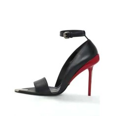 Pointed Open Toe Stiletto Heels Ankle Buckle Straps Fashionable One Line Sandals - Black Red Faux Leather