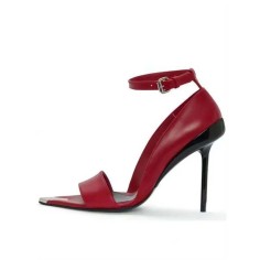 Pointed Open Toe Stiletto Heels Ankle Buckle Straps Fashionable One Line Sandals - Red Faux Leather