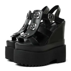 Peep Toe Ankle Buckle Straps Double Platforms Wedges  Sandals - Black Faux Leather
