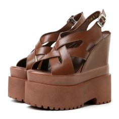Peep Toe Ankle Buckle Straps Double Platforms Wedges  Sandals - Brown Faux Leather