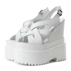 Peep Toe Ankle Buckle Straps Double Platforms Wedges  Sandals - White Faux Leather