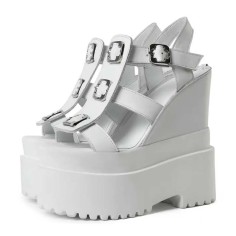 Peep Toe Ankle Buckle Straps Double Platforms Wedges  Sandals - White Faux Leather
