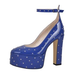 Round Toe Chunky Heels Platforms Ankle Straps Rivets Pumps - Blue