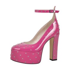 Round Toe Chunky Heels Platforms Ankle Straps Rivets Pumps - Hot Pink