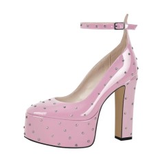 Round Toe Chunky Heels Platforms Ankle Straps Rivets Pumps - Pink
