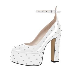 Round Toe Chunky Heels Platforms Ankle Straps Rivets Pumps - White