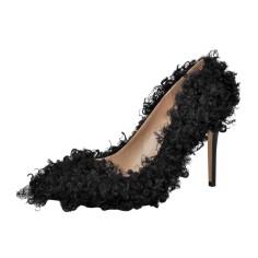 Stiletto Heels Pointed Toe Faux Fur Cute Pumps - Black