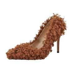 Stiletto Heels Pointed Toe Faux Fur Cute Pumps - Brown