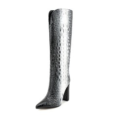 Pointed Toe Chunky Heels Crocodile Print Knee Highs Boots - Black