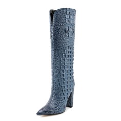 Pointed Toe Chunky Heels Crocodile Print Knee Highs Boots - Blue