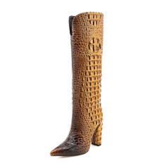Pointed Toe Chunky Heels Crocodile Print Knee Highs Boots - Brown