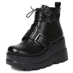 Round Toe Ankle High Double Straps Lace Up Platforms Wedges Boots - Black
