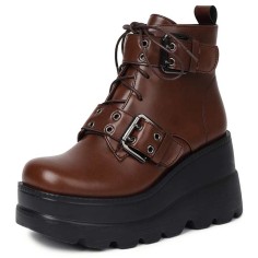 Round Toe Ankle High Double Straps Lace Up Platforms Wedges Boots - Brown