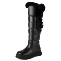 Round Toe Low Platforms Knee Highs Faux Fur Winter Snow Boots - Black